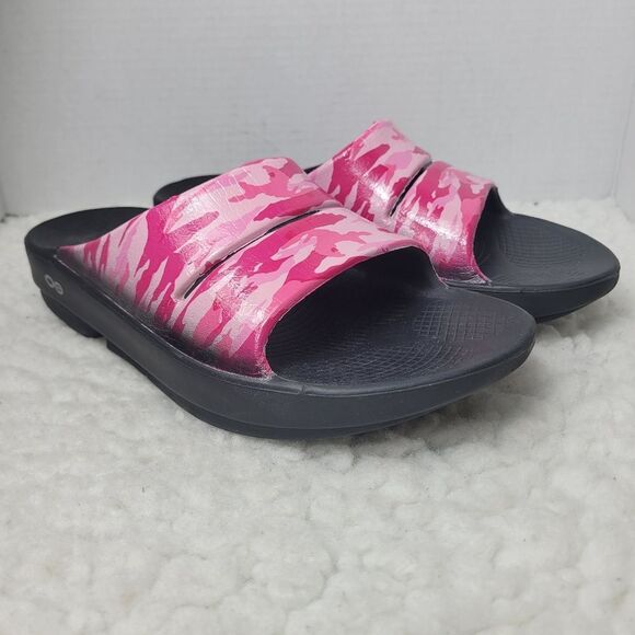OOFOS OOahh Sport Flex Womens Size 10 Slide Recovery Sandals Pink Black Camo - Picture 1 of 9